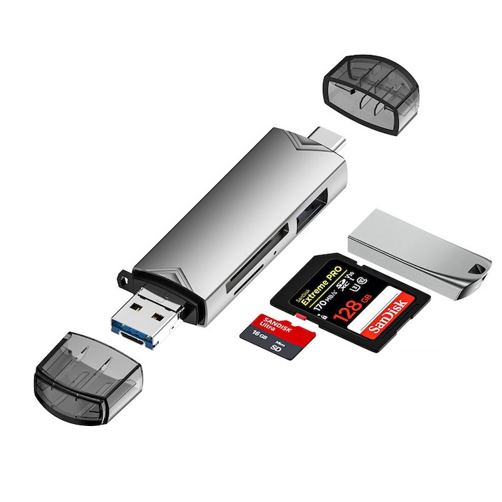Cititor de carduri 6-in-1, JESWO®, USB 3.0/Type-C, Aluminiu, Argintiu
