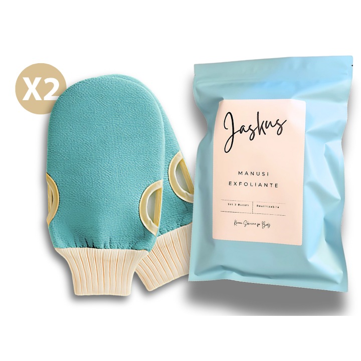 Set Duo de Manusi Exfoliante Delicate, Jaskus, cu Textura Placuta si Nuanta Proaspata, Turcoaz Viu