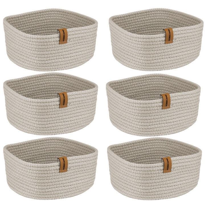 Set 6 cosuri paine/depozitare patrate CULINARO, din snur textil impletit, 19x19xh7cm, crem