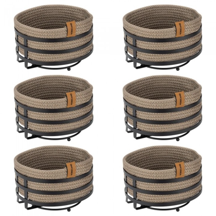 Set 6 cosuri paine/depozitare rotunde CULINARO, cos din snur textil impletit bej D19xh7cm si suport metalic negru