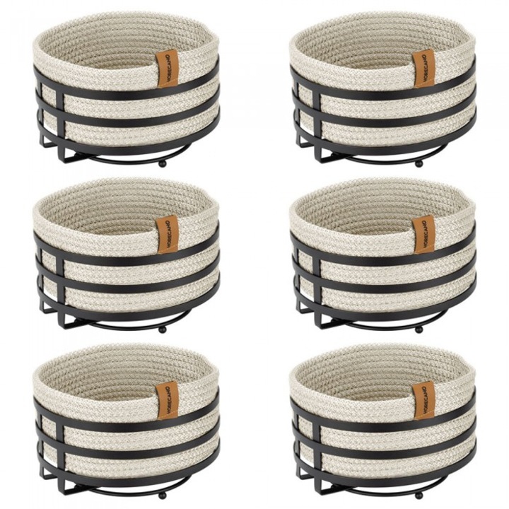 Set 6 cosuri paine/depozitare rotunde CULINARO, cos din snur textil impletit crem D19xh7cm si suport metalic negru