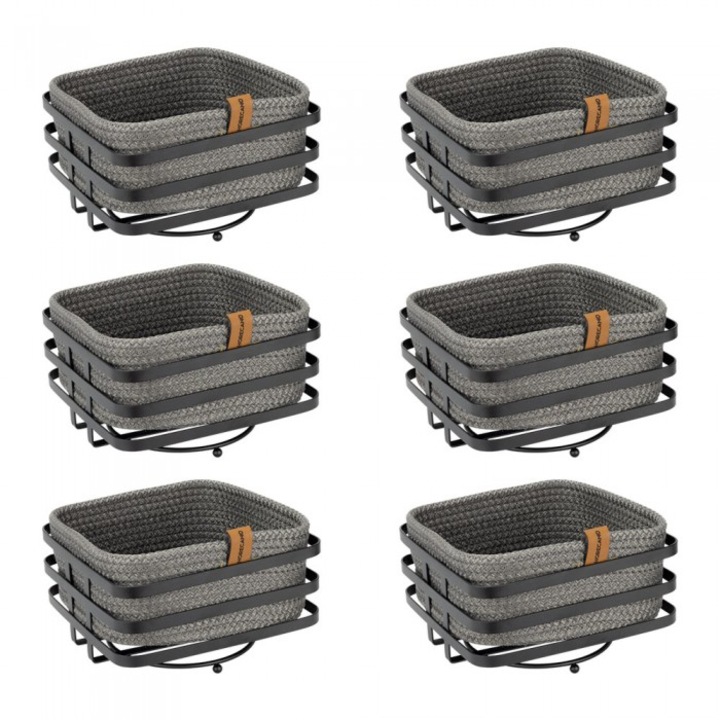 Set 6 cosuri paine/depozitare patrate CULINARO, cos din snur textil impletit gri antracit 19x19xh7cm si suport metalic negru