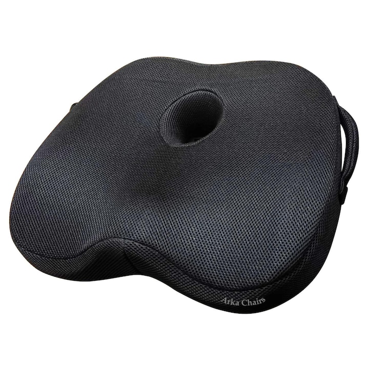 Perna ortopedica sezut, spuma cu memorie, husa lavabila, respirabila si antialunecare, Arka Chairs MCS10, protectie zona Lombara, Sciatica, Dureri de sold, Hemoroizi, Negru, 42 x 38 x8 cm