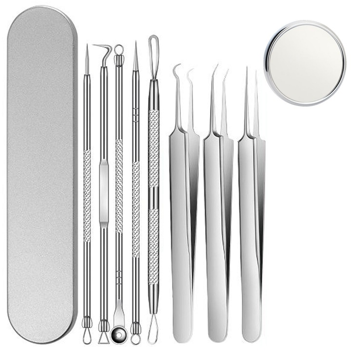 Set 8 pensete pentru extractie puncte negre, comedoane, acnee, Axroad Mall, Antiderapant si rezistent la rugina, Echipat cu oglinda, servetel cu alcool si organizator, Material din otel inoxidabil, Argintiu