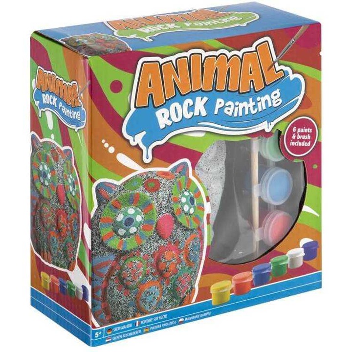 Set creativ pictura pe pietra Bufnita Cu 6 culori primare, pensula si piatra unica