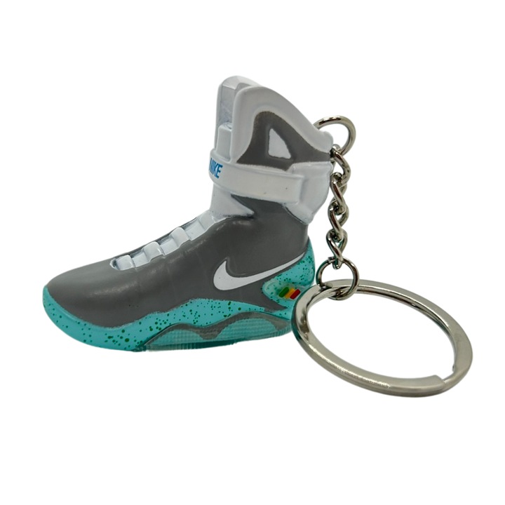 Breloc pentru chei model x Nike Air Mag x Back to the Future Edition, PVC + Cauciuc, Handmade, 5cm x 2cm x 2cm, Alb + Gri + Bleu