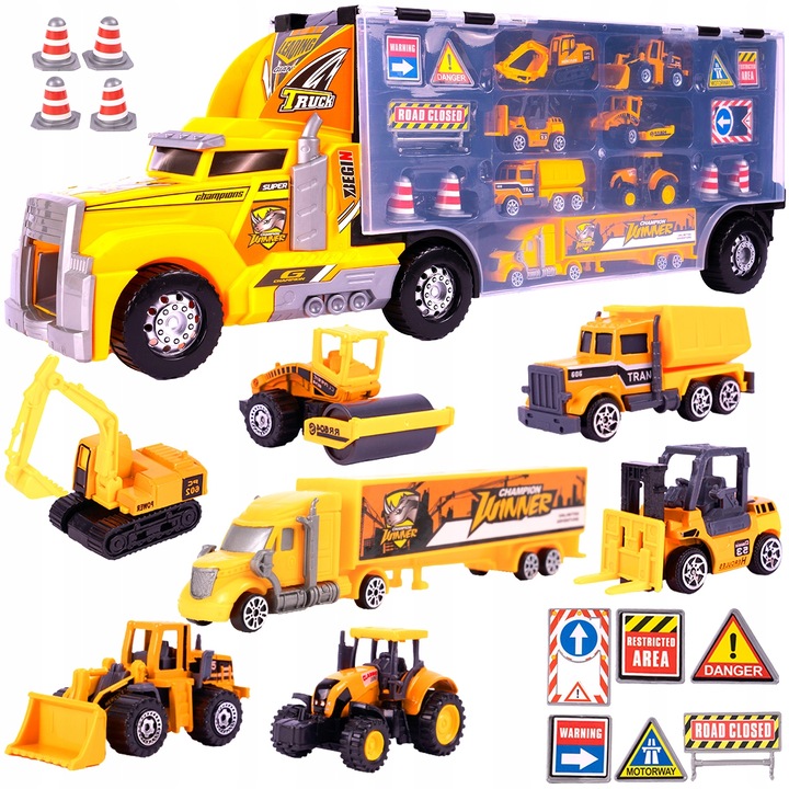 Camion transportator SOLTOY® cu 6 Masini de Constructie cu piese mobile, Tir, Semne de circulatie, Iesire Speciala pentru Masini, Aspect Realist, Cutie cu maner pentru transport