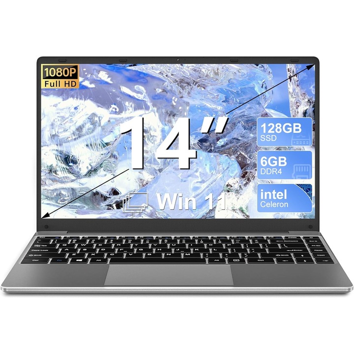 Laptop ultraportabil Aocwei A2 cu procesor Intel Celeron N4020 pana la 2.8 GHz, 14", FHD, IPS, 6GB DDR4, 128GB SSD, Intel UHD Graphics 600, Windows 11, Gri