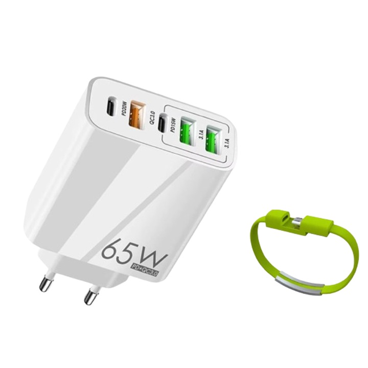 Преносимо мрежово зарядно устройство Eonline 65W Бързо зарядно устройство, 2 X Type C, 3 X USB, Съвместимо със Samsung, iPhone, Huawei, Бяло + бонус USB гривна
