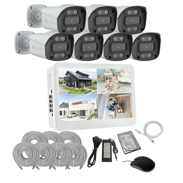 Kit de supraveghere video ENVIO complet IP POE cu 8 camere FULL COLOR 5MP PESS-KIT8CHMDFM70H500S-DLM
