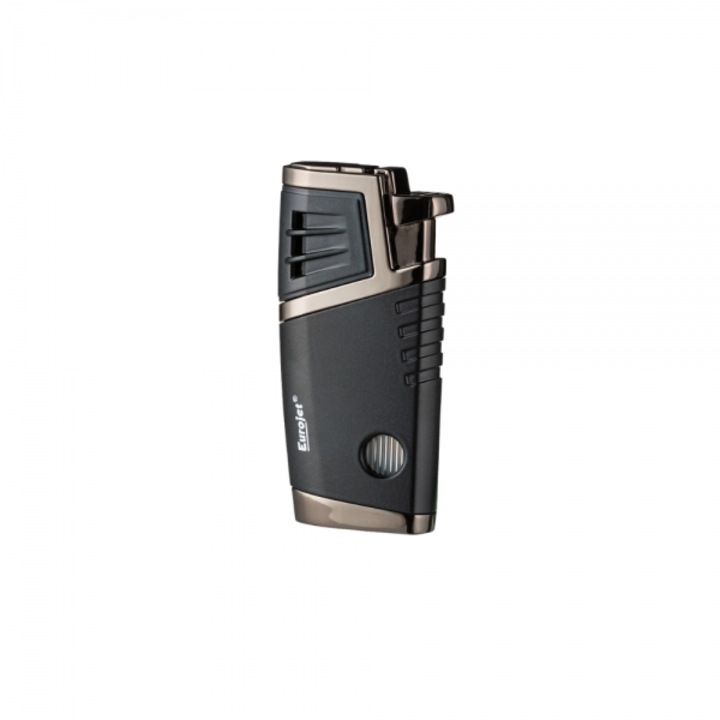 Bricheta Eurojet Gun cu doua flacari antivant jet turbo, reincarcabila cu gaz, reglaj intensitate, punch trabucuri integrat, husa din catifea inclusa, ambalata in cutie Eurojet, exterior negru mat cu elemente cromatice
