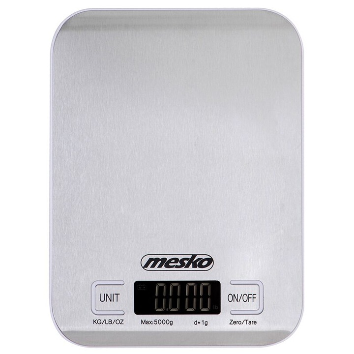 Ultravékony konyhai mérleg, Mesko Inox, LCD képernyő, 1g-5kg, 2 x AA elem, ezüst