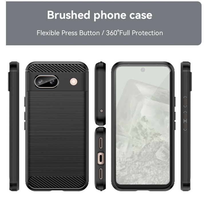 Set husa carbon cu folie compatibil cu Google Pixel 8a, Antisoc, Efect Cooling, Protectie 360, Negru