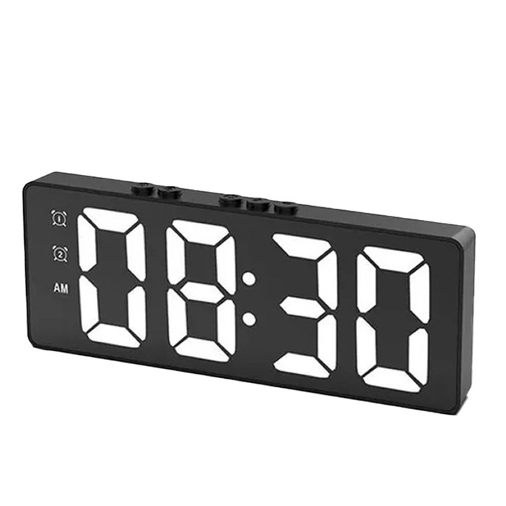 Elekronikus, asztali óra, digitális kijelző, fehér Led, hőmérő funkcióval, ébresztőóra, 16×6×2, 5cm, Fekete