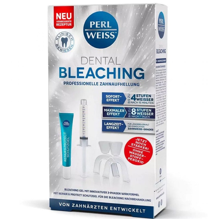 Kit pentru albirea dintilor Perl Weiss Dental Bleaching 10 ml gel albire, 10 ml gel protector