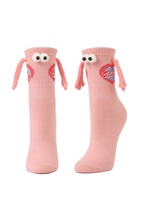 Sosete haioase, model vesel accesorizat cu manute cu magnet si ochisori, imprimeu abstract cool, tematica let's be friends, unisex, marime 36-42, roz, EFAYN