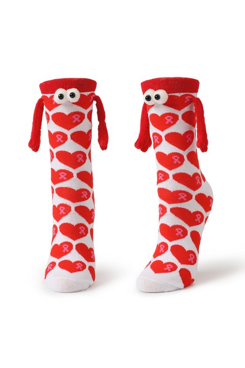 Sosete haioase, model vesel accesorizat cu manute cu magnet si ochisori, imprimeu cu inimioare, tematica crazy couple love, unisex, marime 36-42, rosii, EFAYN