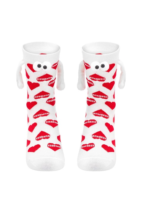 Sosete haioase, model vesel accesorizat cu manute cu magnet si ochisori, imprimeu cu inimioare, tematica crazy couple love, unisex, marime 36-42, albe cu rosu, EFAYN