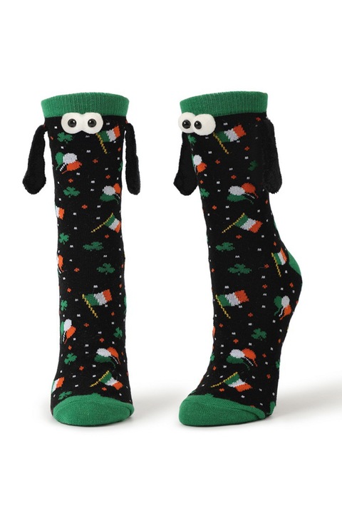 Sosete haioase, model vesel accesorizat cu manute cu magnet si ochisori, imprimeu norocos trifoi cu patru foi, tematica let's be friends, unisex, marime 36-42, verde inchis, EFAYN