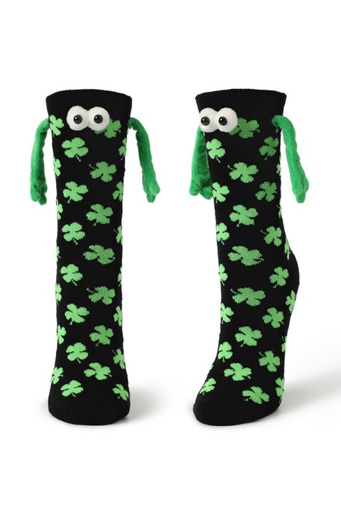 Sosete haioase, model vesel accesorizat cu manute cu magnet si ochisori, imprimeu norocos trifoi cu patru foi, tematica let's be friends, unisex, marime 36-42, negre cu verde, EFAYN