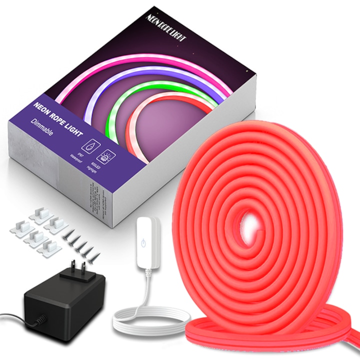 Banda LED Neon Flexibila Waterproof, Lumina Rosie, 120 Leduri/Metru, Intensitate Reglabila, 5 Metri Lungime, Adaptor de Priza