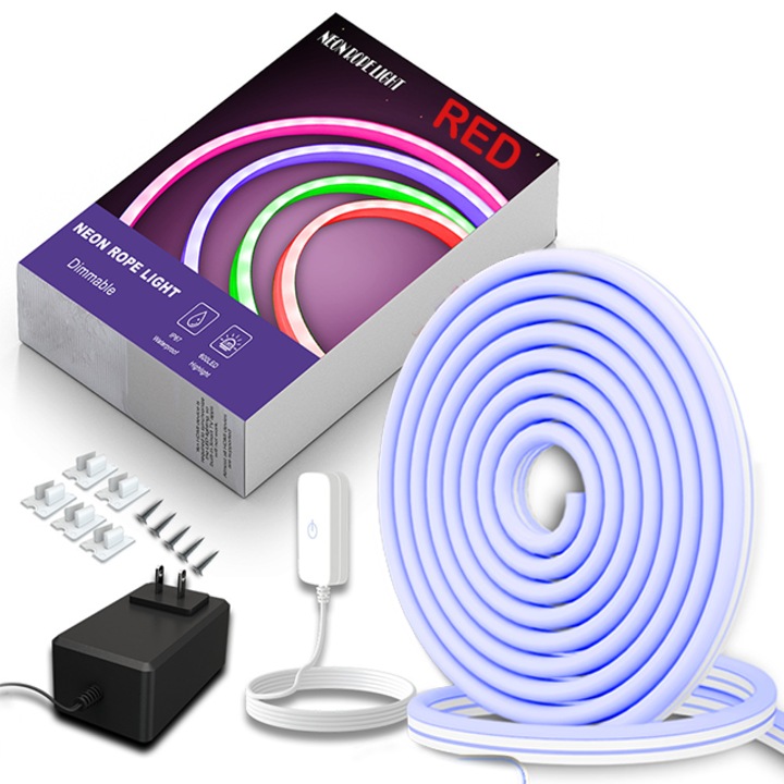 Водоустойчива гъвкава неонова LED лента, червена светлина, 120 светодиода/метър, регулируем интензитет, 5 метра дължина, щепсел адаптер