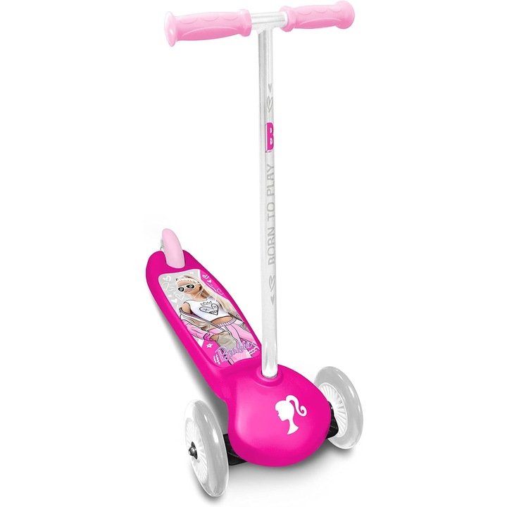 Интуитивна тротинетка с 3 колела, многоцветна, удобни дръжки, неплъзгаща се платформа, колела покрити с PVC материал, задна крачна спирачка, Barbie
