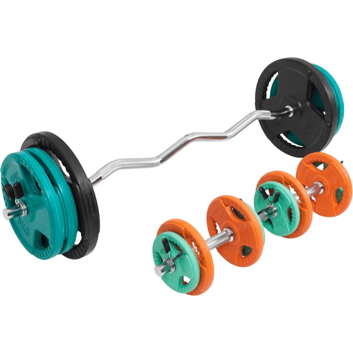 Set bara Z si gantere, 70 kg, cleme de siguranta cu arc, cauciucate, Gorilla Sports