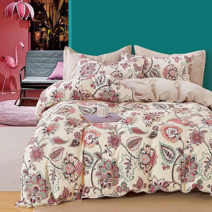 Percale dupla ágynemű nyomott Pamut 100% 4 db lepedő 240x260 cm, paplan 200x230 cm, 2 párnahuzat 50x70 cm, Virágmintás Rózsaszín / Bézs, Pucioasa