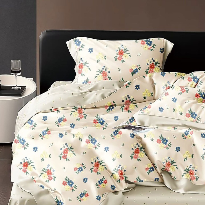 Lenjerie de pat dublu Percalle imprimat Bumbac 100% 4 piese cearsaf pat 240x260 cm, pilota 200x230 cm, 2 fete perne 50x70 cm, Floricele colorate Bej, Pucioasa