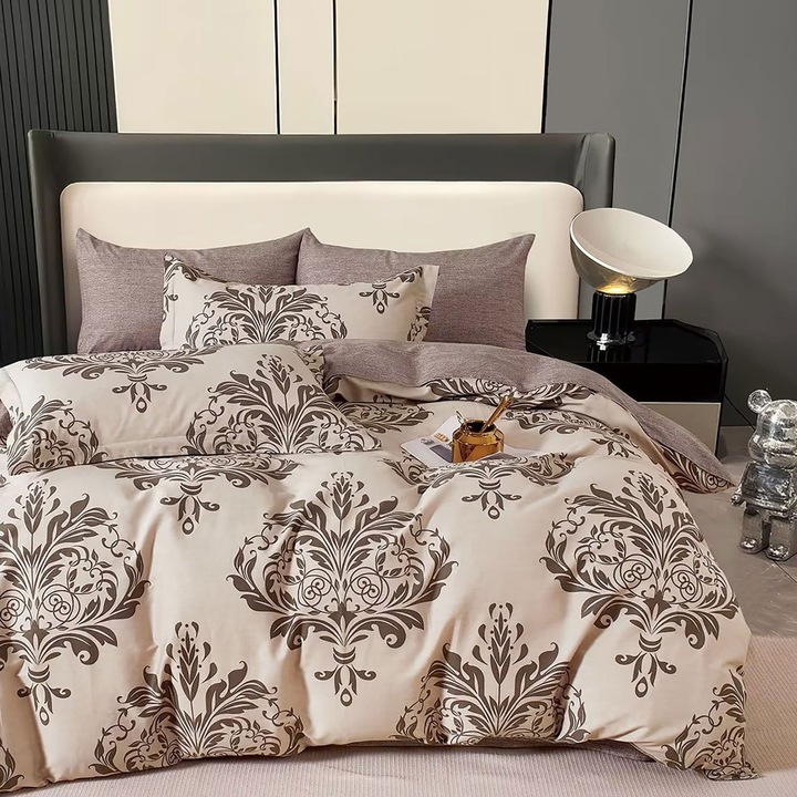 Lenjerie de pat o persoana Percalle imprimat Bumbac 100% 3 piese cearsaf pat 160x240 cm, pilota 150x220 cm, fata perna 50x70 cm, Imprimeu Elegant Maro, Pucioasa