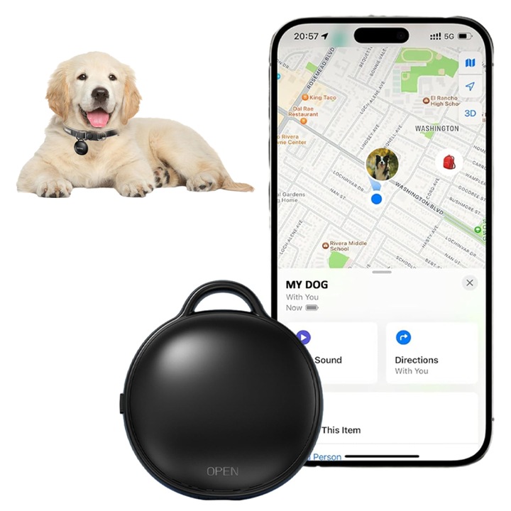 Urmaritor GPS compatibil cu Apple Find My, urmaritor pentru caini, eticheta de localizare impermeabila cu retea globala si baterie de 12 luni, dispozitiv anti-pierdere pentru chei, animale de companie, bagaje