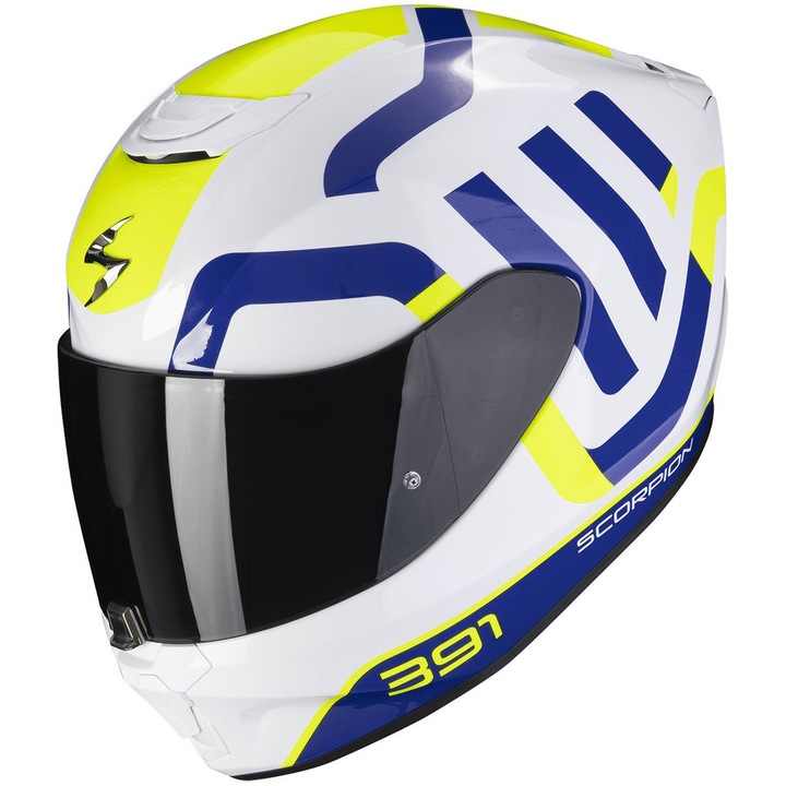 Цялостна каска за мотоциклет SCORPION EXO-391 Arok White / Blue / Neon Yellow размер M