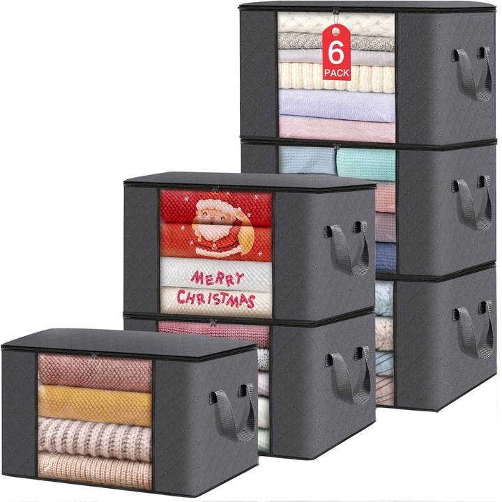 Set 6 huse depozitare cu fermoar, Axroad Mall, Organizator pentru haine, Rezistent la praf si umiditate, Cu fereastra transparenta, Usor de pliat si curatat, Pentru haine, paturi, pantofi, jucarii de plus, Netesut, 60*43*35cm, Gri