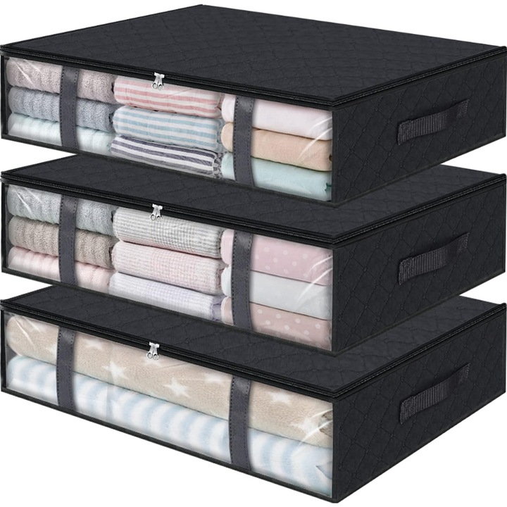 Set 3 huse depozitare haine, Axroad Mall, Inchidere cu fermoar, Rezistent la praf si umiditate, Durabil, Respirabil, Usor de pliat si curatat, Pentru paturi, perne, jucarii, Netesut, 60*46*14cm, Negru