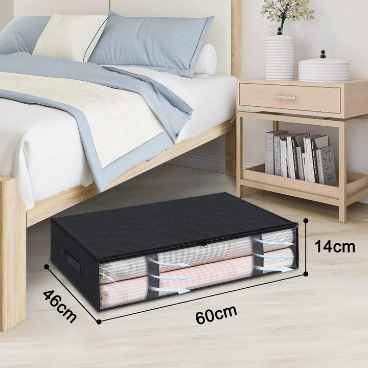 Set 3 huse depozitare haine, Axroad Mall, Inchidere cu fermoar, Rezistent la praf si umiditate, Durabil, Respirabil, Usor de pliat si curatat, Pentru paturi, perne, jucarii, Netesut, 60*46*14cm, Negru