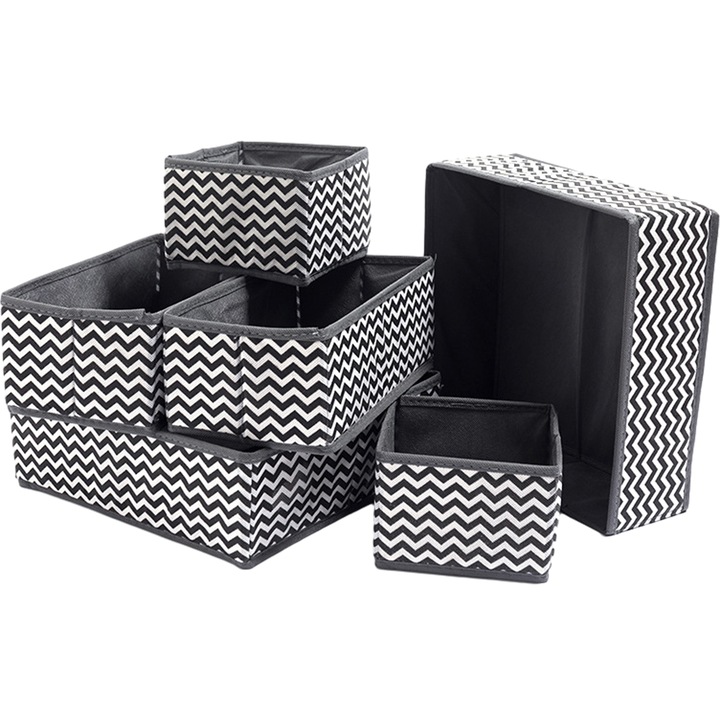 Set 6 organizator pentru lenjerie de corp, Axroad Mall, Organizator imbracaminte, Rezistent la uzura, Usor de pliat si curatat, Durabil, Respirabil, Pentru sosete, cravate, esarfe, Netesute, 3 dimensiuni diferite, Alb/Negru