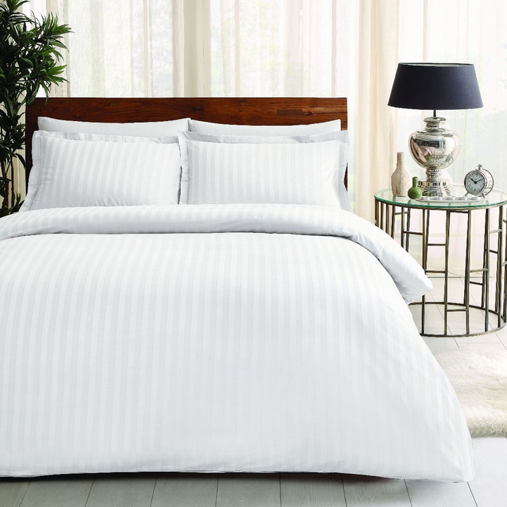 Жакардово спално бельо, луксозен сатен, 6 части, 240x260 см, TAC, Place White