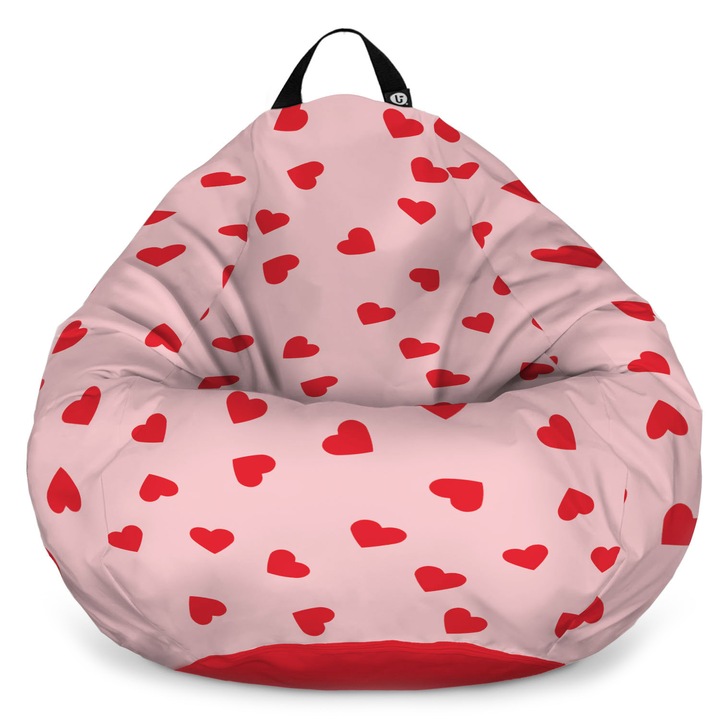 Fotoliu Updeco Puf Bean Bag tip para XL, impermeabil, indoor/outdoor, sac interior, cu maner, 90 x 90 x 60 cm, inimi fundal roz