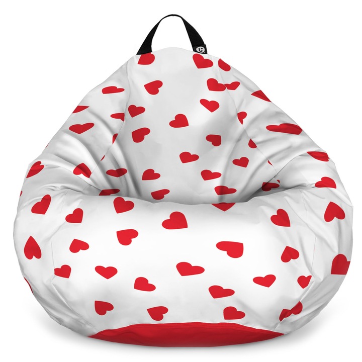 Fotoliu Updeco Puf Bean Bag tip para L, impermeabil, indoor/outdoor, sac interior, cu maner, 80 x 80 x 55 cm, inimi fundal alb