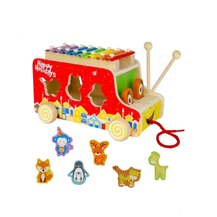 Jucarie de tras din lemn Autobuz cu xilofon si Animale, multicolor