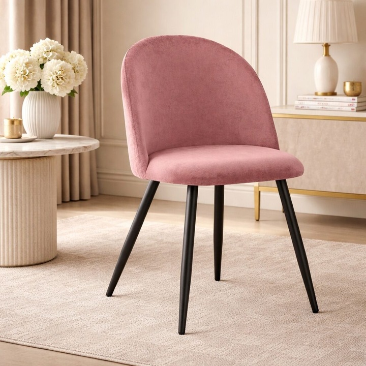 Scaun bucatarie/living, Artool, Bello, catifea roz, picioare metal negru, 46x42.5x76.5 cm
