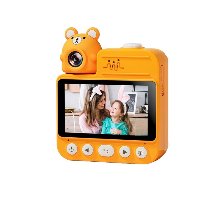 Aparat foto instant pentru copii, 14 MP, 1080P HD, ecran 3, 0 inch, baterie de 1000 mAh camera rotativa 180° pentru selfie, jocuri incorporate, mp3, functie printare, portabil, 5x markere colorate, card 32 GB, cu 3 role de hartie termica