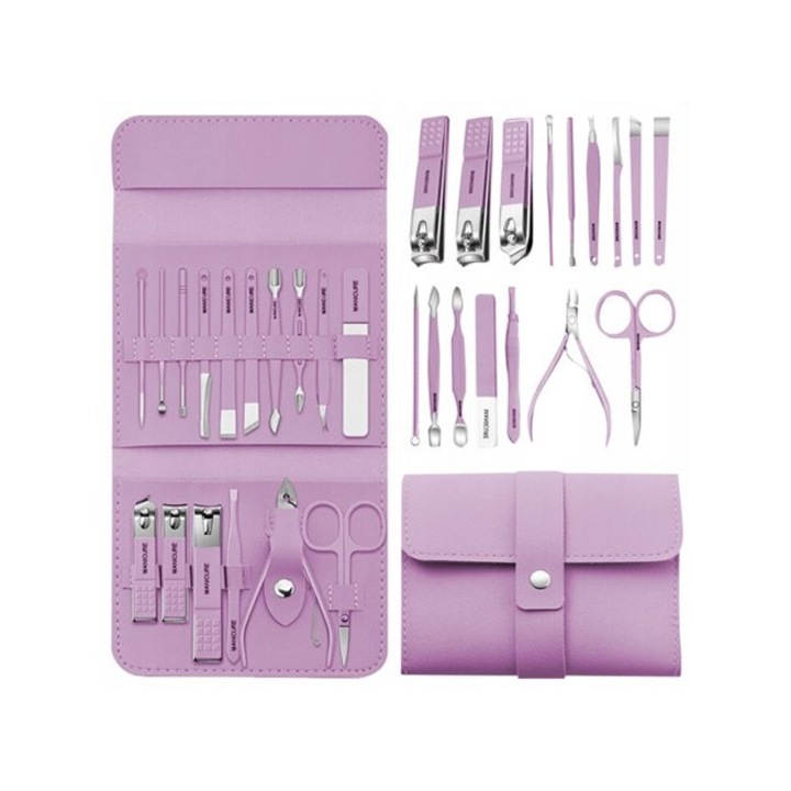 Trusa pentru manichiura, pedichiura si cosmetica, set 16 piese, husa din piele ecologica, inchidere capsa, mov14x12 cm