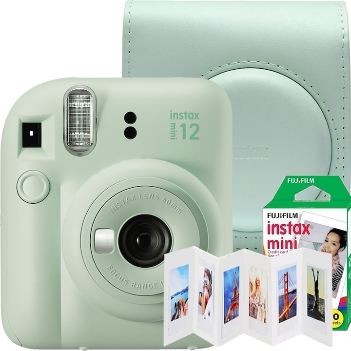 Комплект фотоапарат Fujifilm Instax mini 12, ментовозелен с капак, двупозиционна рамка и 1x10 филм