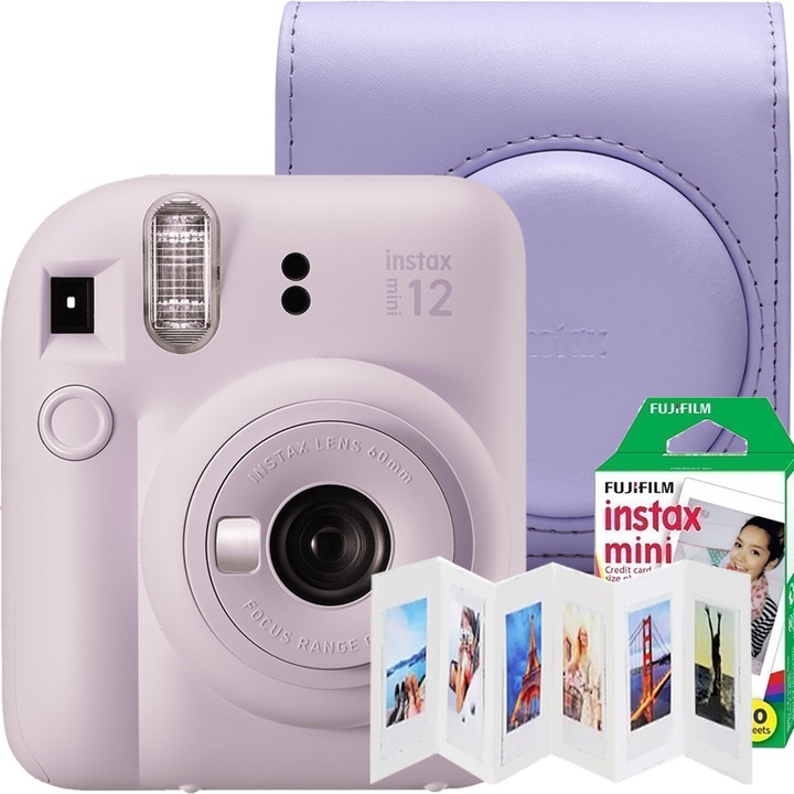 Комплект фотоапарат Fujifilm Instax mini 12, Lilac Purple с капак, двупозиционна рамка и 1x10 филм