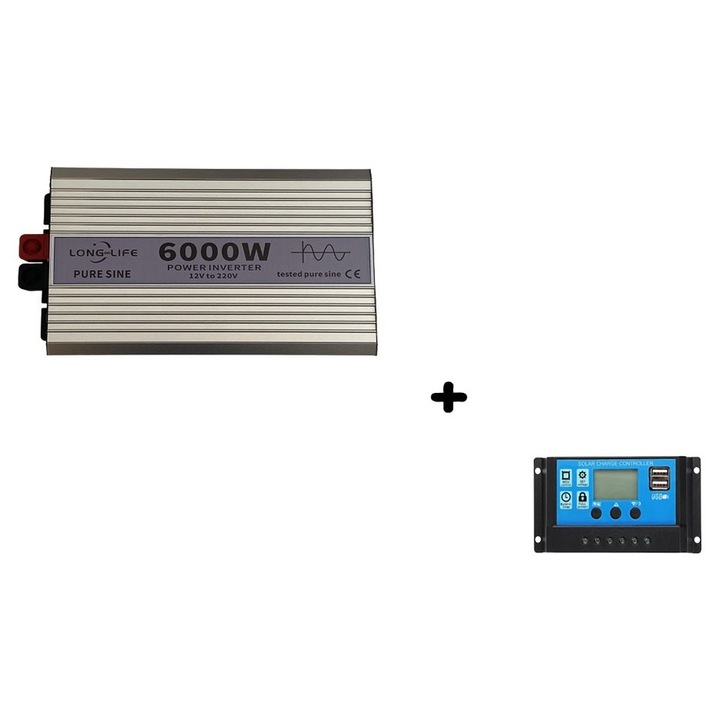 Invertor 6000 W, sinus pur, 12 V - 220 V, auto si sisteme panouri solare, inverter unda pura, tir, rulota, autorulota, testat osciloscop, barca, casa, controller 30A inclus