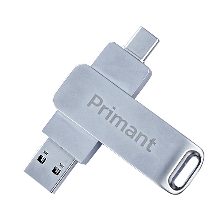 Primant USB memória, 128 GB, 2 IN 1, USB 3.0/3.1 és Type-C, OTG, 360⁰ forgatható, nagy sebességű, ezüst fém
