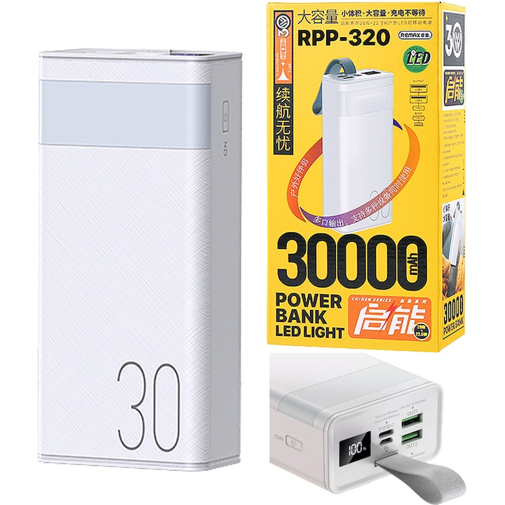 Külső akkumulátor, Power Bank Remax RPP-320, 30000mAh, USB-C, LED, PD 22,5 W