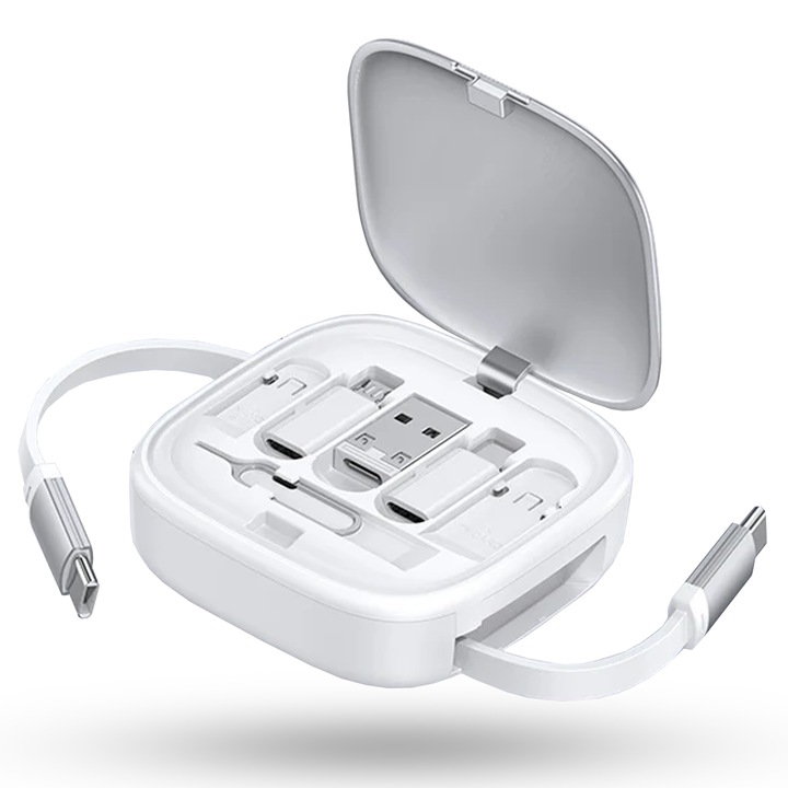 Cablu de date 6 in 1, Retractabil, Fast Charge, USB, Type-C, Lightning, Micro-USB, 90 cm, iPhone, Samsung, Huawei, Xiaomi, Airpods, MacBook, Alb